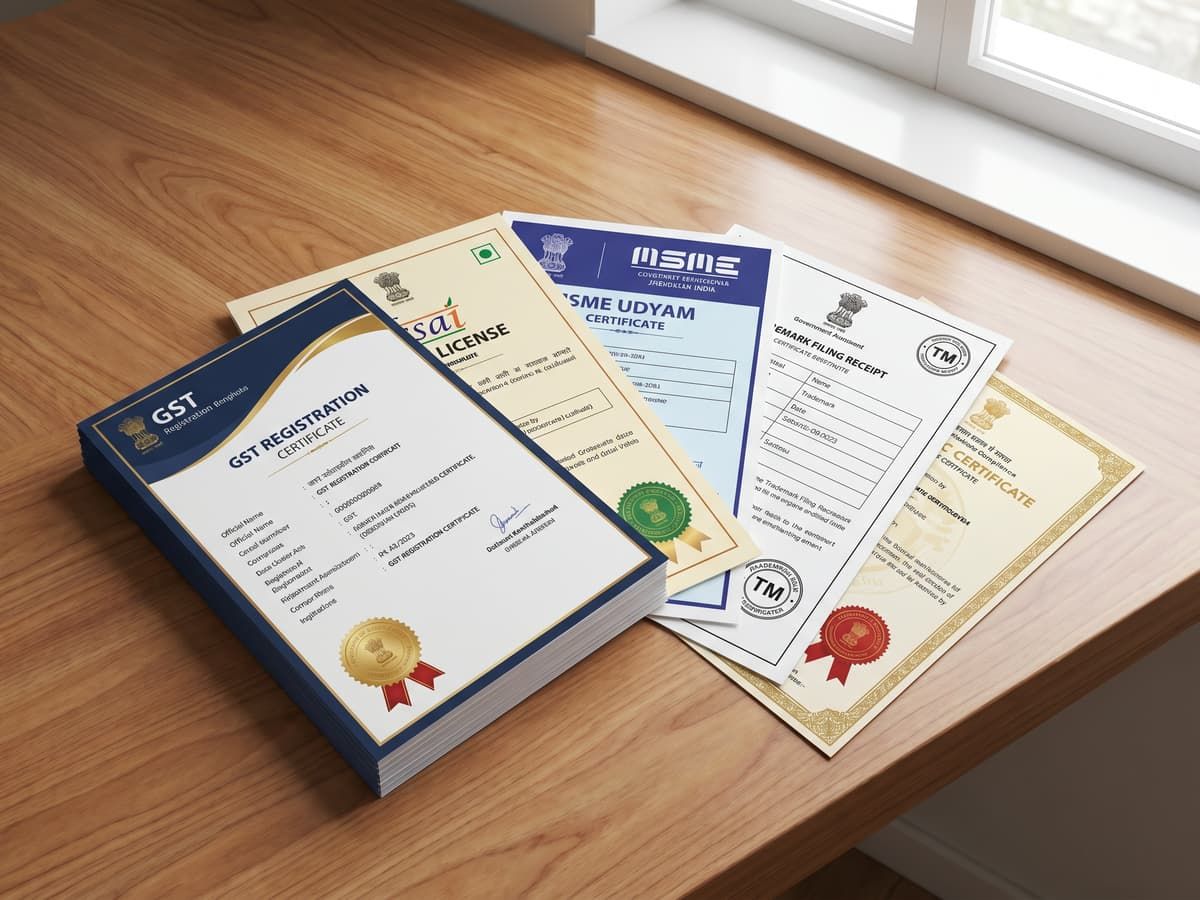 A stack of business compliance certificates and filing documents