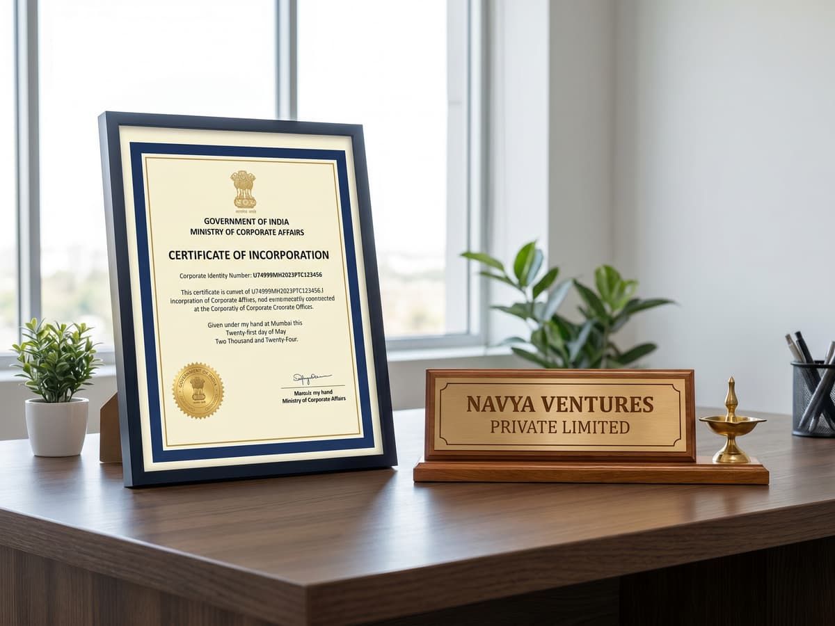 A certificate of incorporation beside a new company nameplate