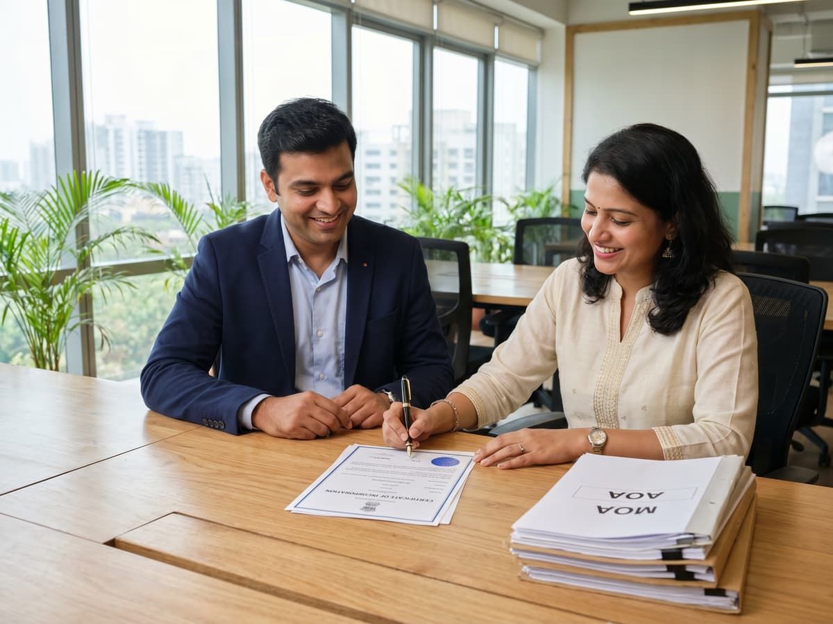 Founders signing incorporation documents at a desk