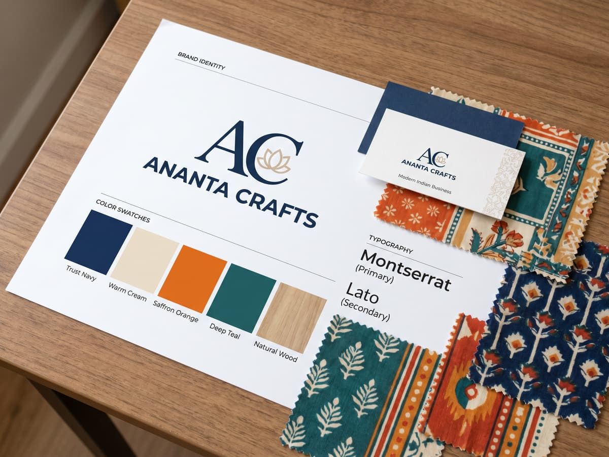A brand identity board with logo, colour swatches and a business card