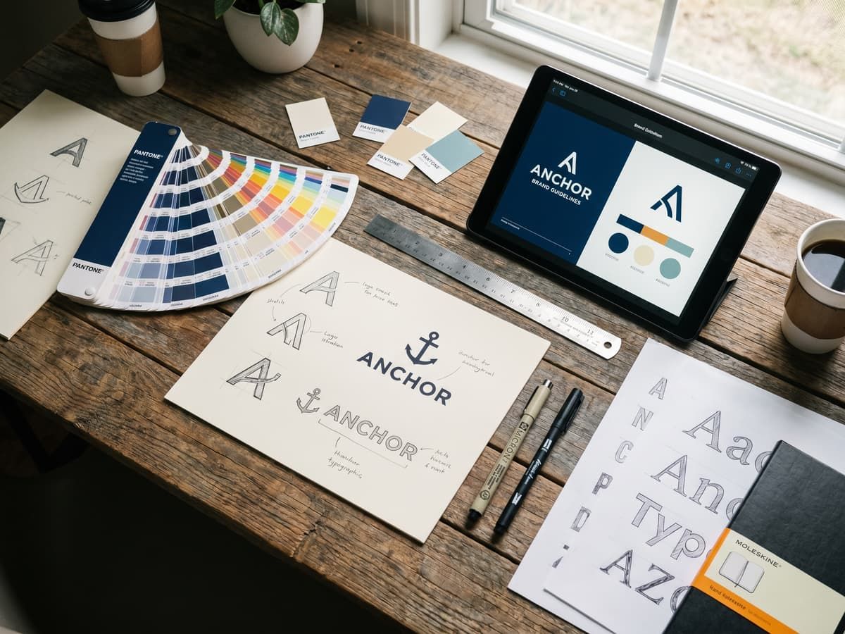 Brand identity work in progress: logo sketches and swatches