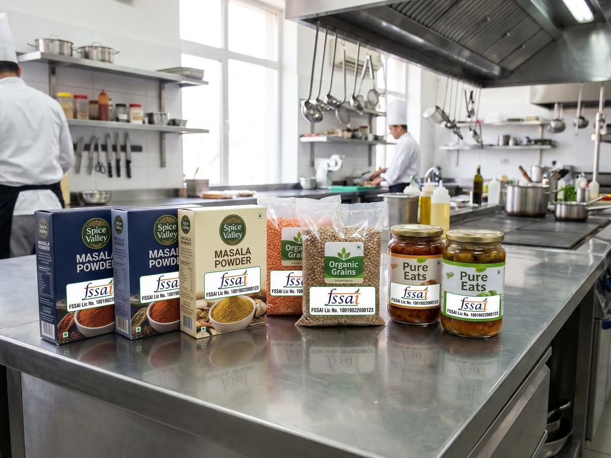 A food business kitchen with FSSAI-labelled packaging