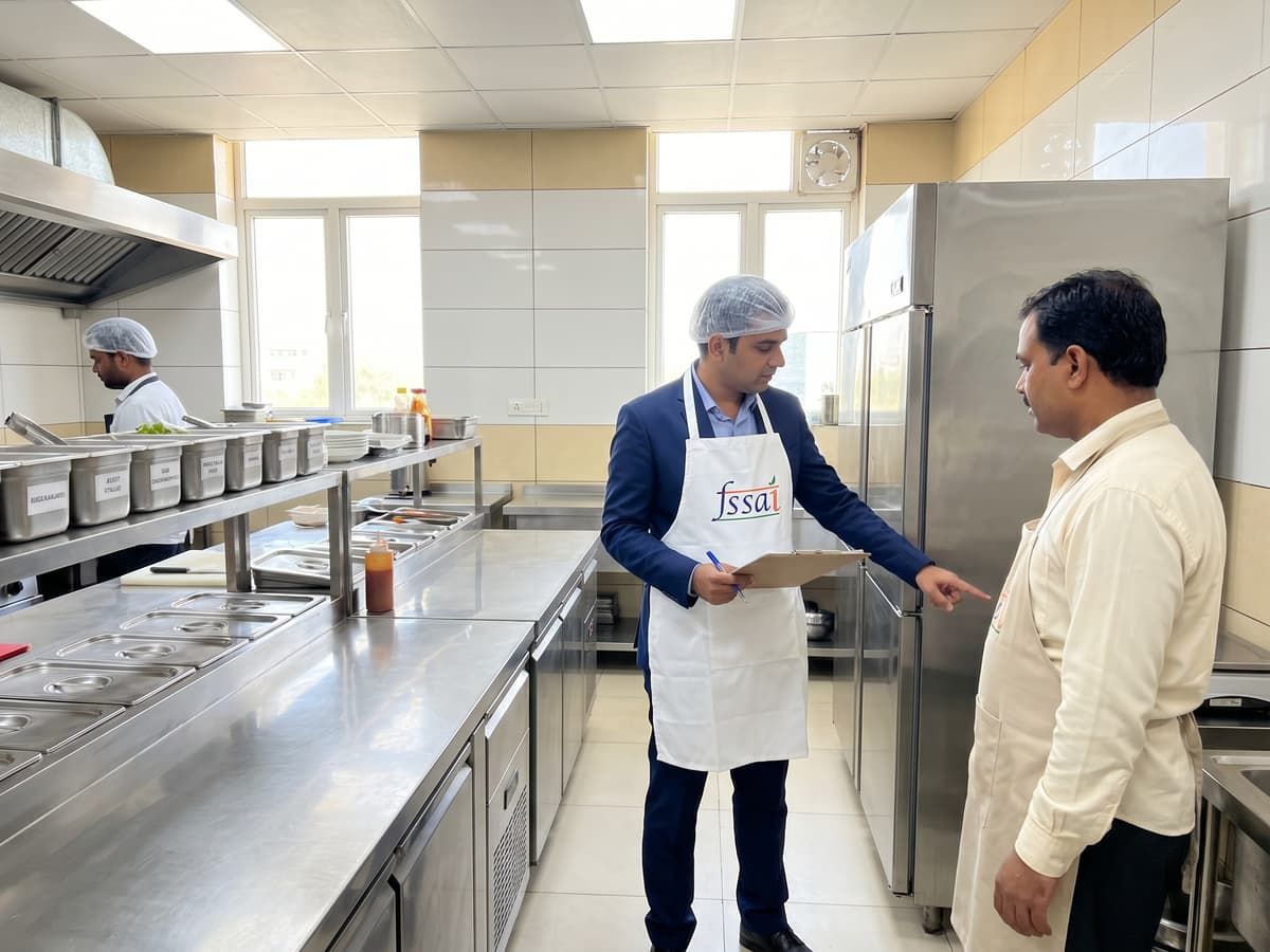 A commercial kitchen during an FSSAI inspection walkthrough