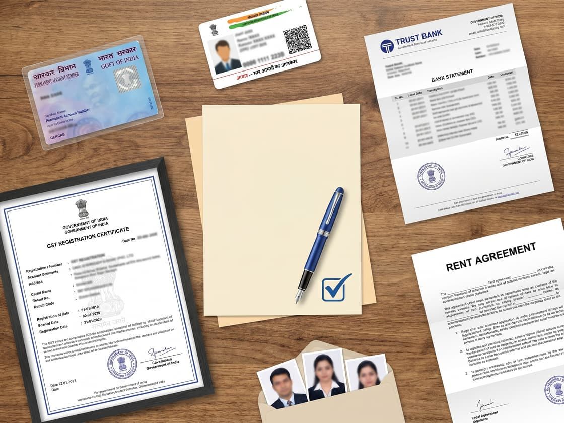 GST registration documents laid out: PAN, Aadhaar, address proof