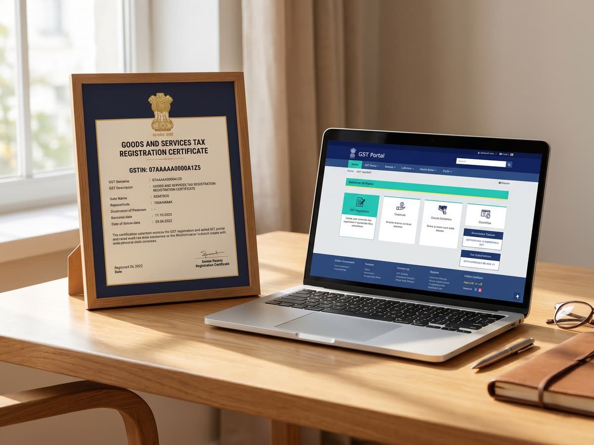 A GST registration certificate beside a laptop on the GST portal