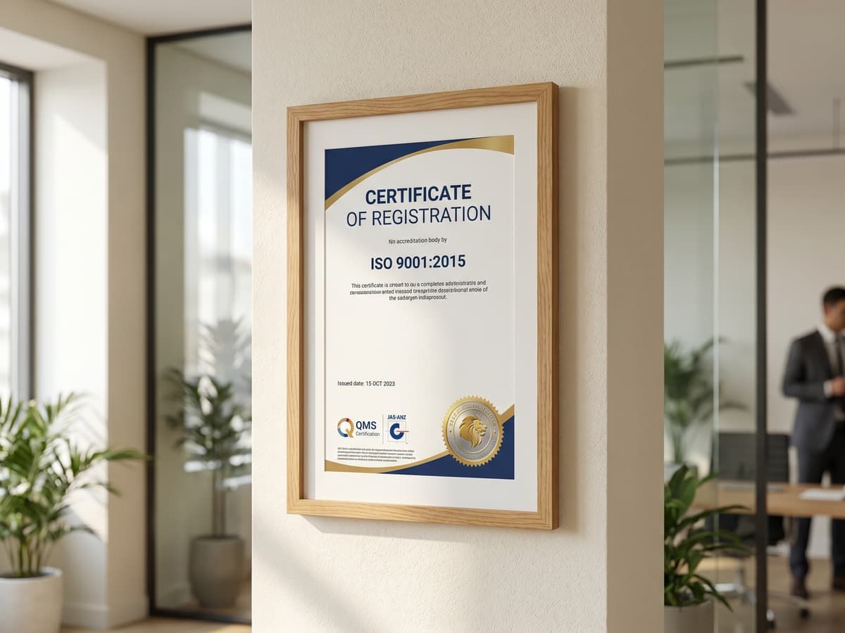 ISO 9001:2015 certificate with an accreditation board seal